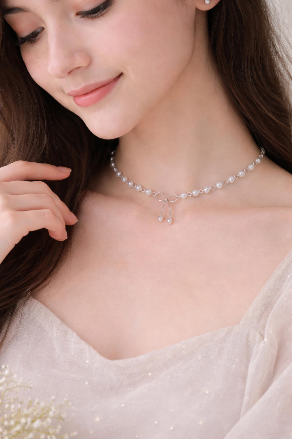 Delicate Pearl Bow Choker Necklace