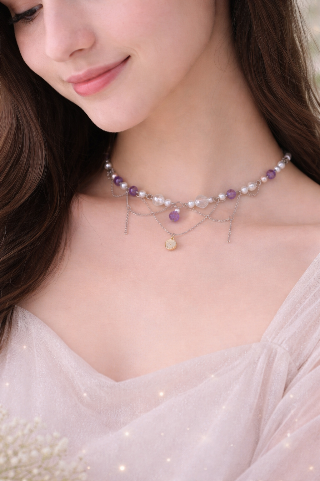 Amethyst Bead Layered Choker Necklace
