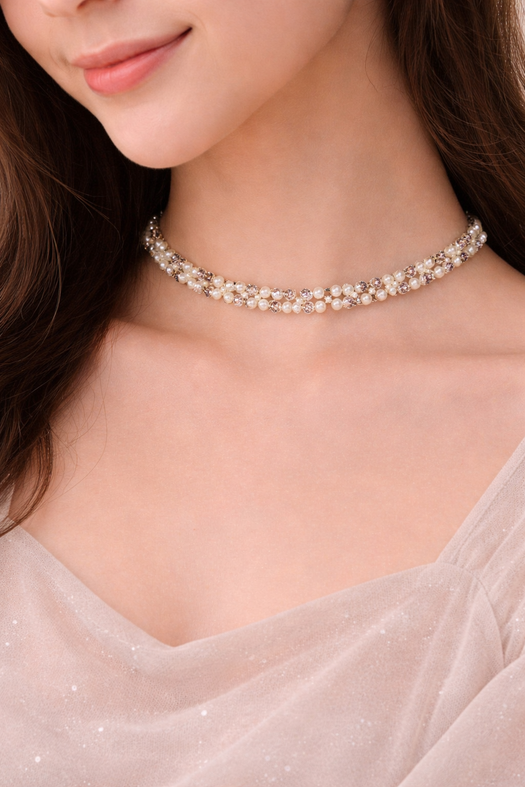 Elegant Crystal & Pearl Choker Necklace