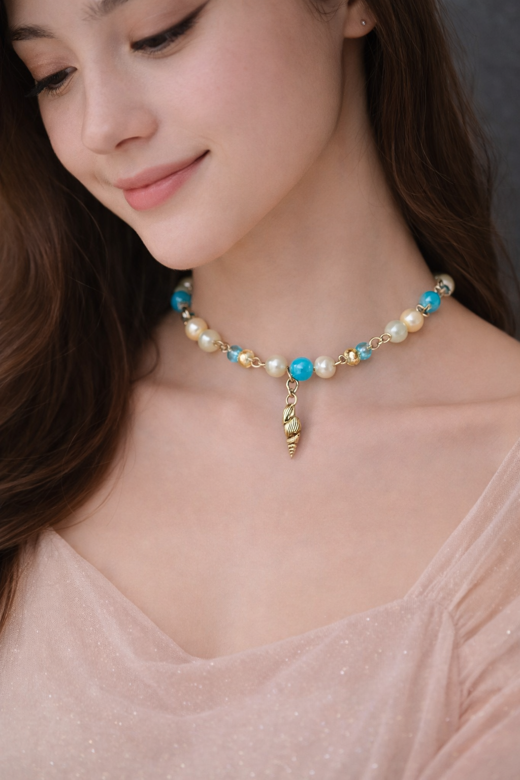 Turquoise & Pearl Shell Charm Choker