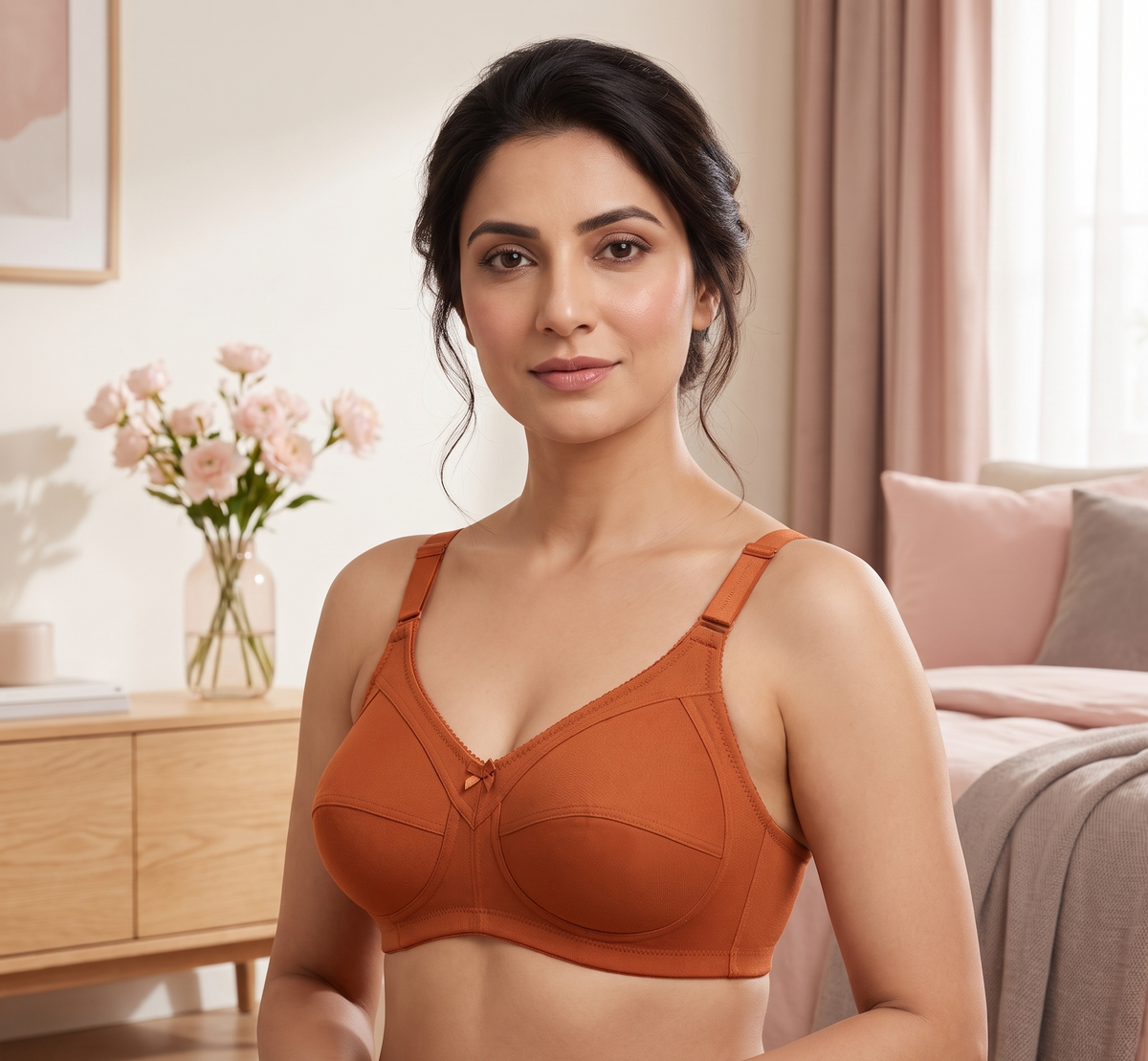 Woman wearing a comfortable everyday bra in a softly lit bedroom