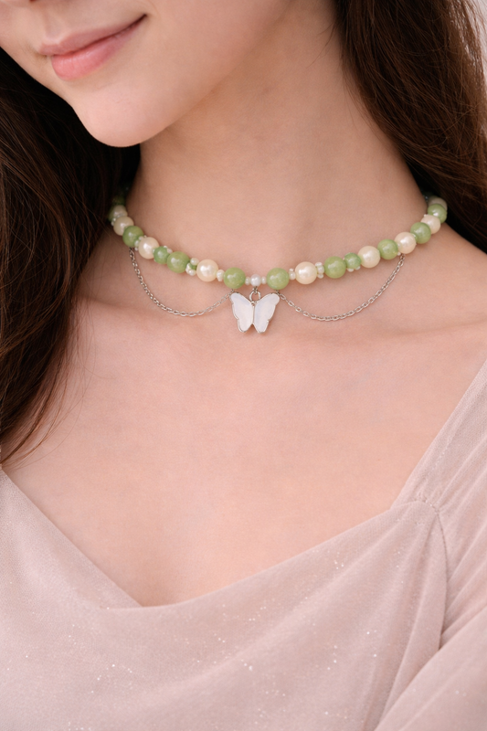 Green Bead & Pearl Butterfly Choker Necklace