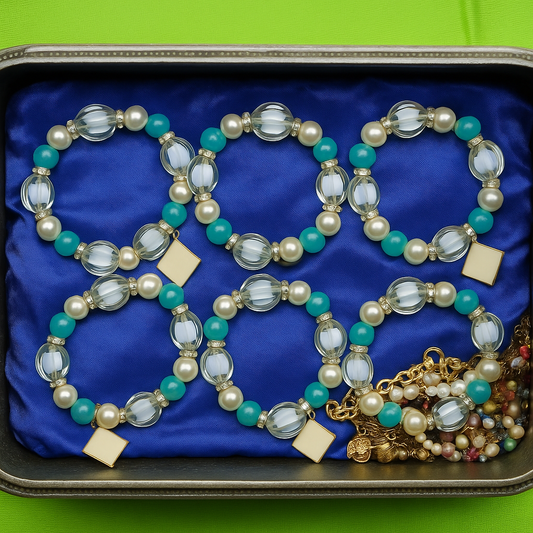Ocean Blue & Pearl Geometric Charm Bracelet