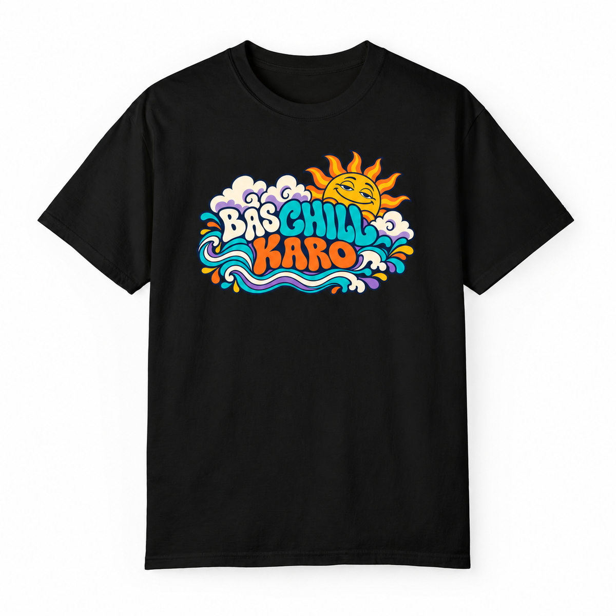 BAS CHILL KARO black unisex T-shirt by ComfyBliss, flat front, centred horizontal front print