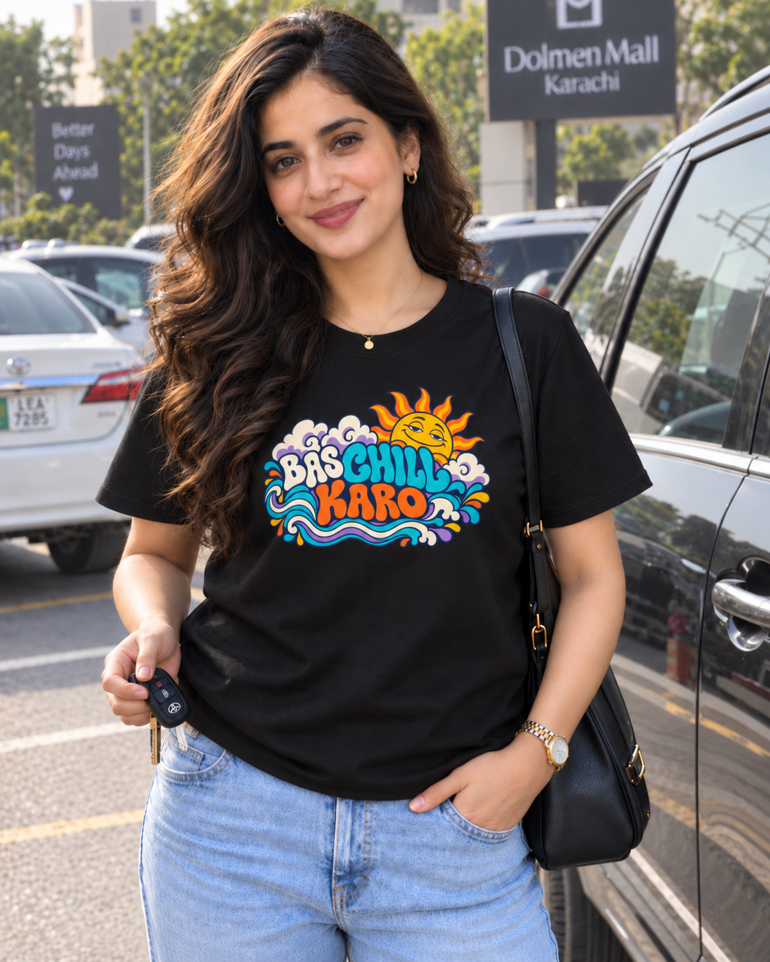 BAS CHILL KARO black unisex T-shirt by ComfyBliss, model front, centred horizontal front print