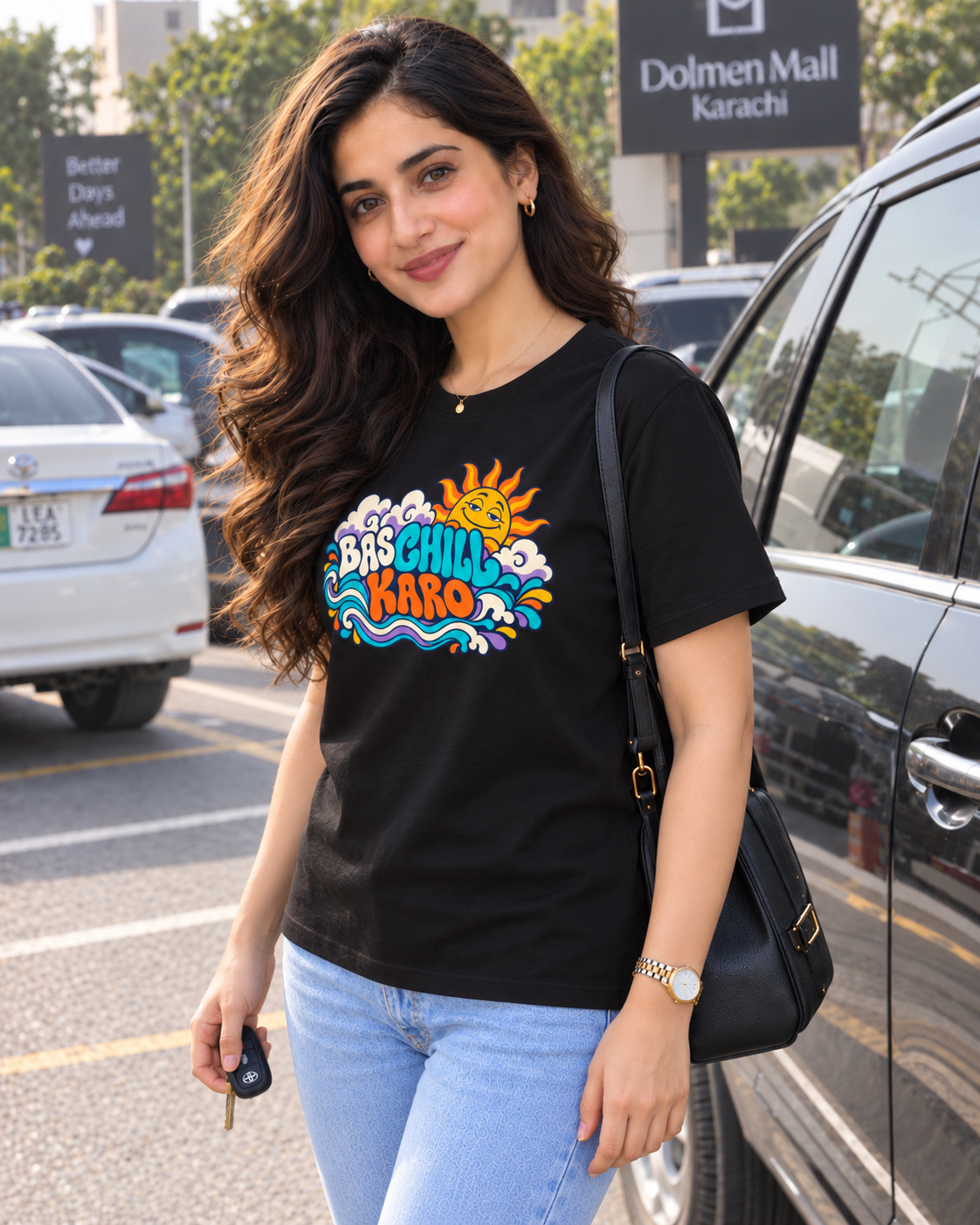 BAS CHILL KARO black unisex T-shirt by ComfyBliss, model three quarter, centred horizontal front print