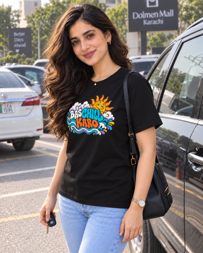 BAS CHILL KARO black unisex T-shirt by ComfyBliss, model three quarter, centred horizontal front print