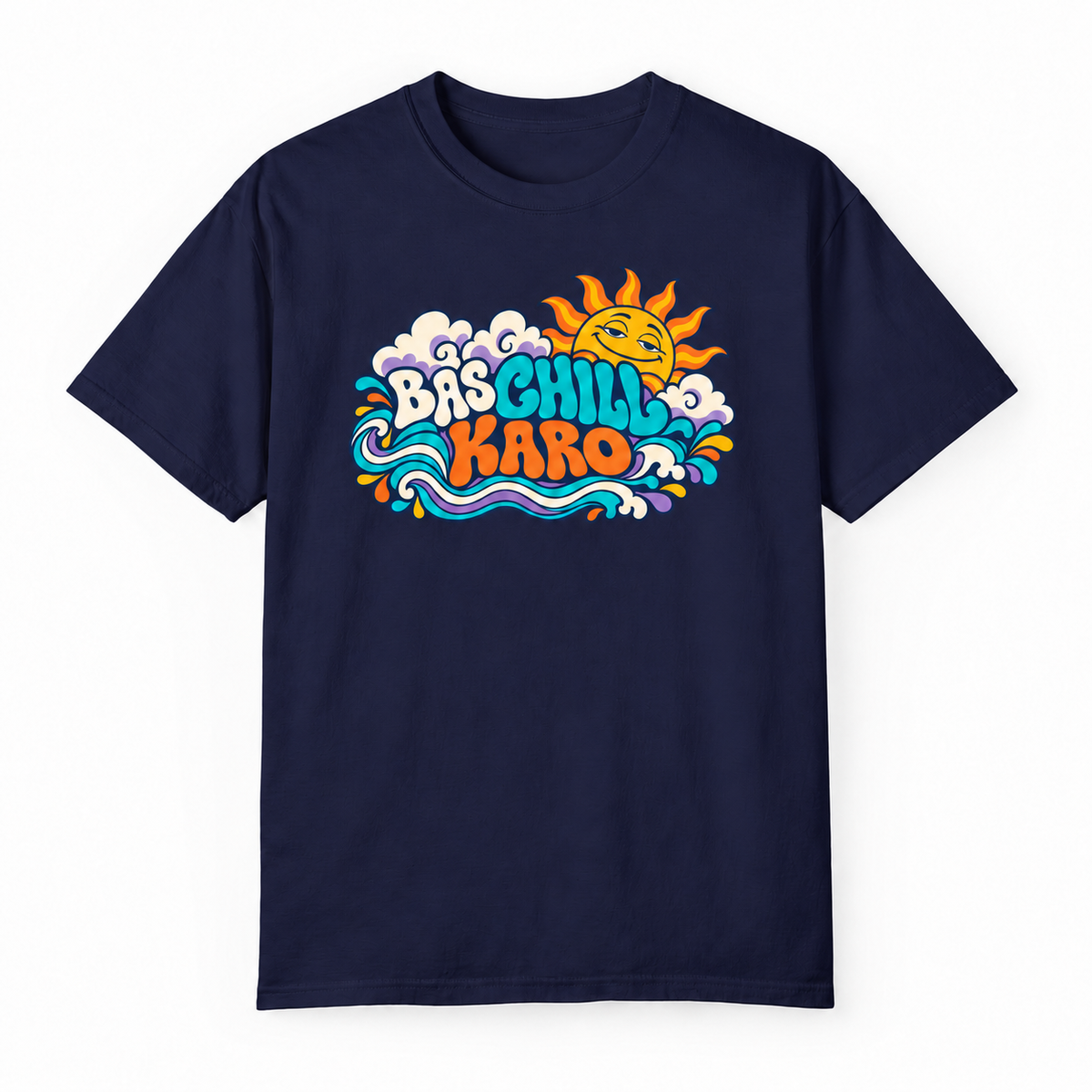 BAS CHILL KARO navy unisex T-shirt by ComfyBliss, flat front, centred horizontal front print