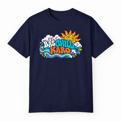 BAS CHILL KARO navy unisex T-shirt by ComfyBliss, flat front, centred horizontal front print