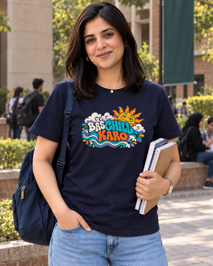 BAS CHILL KARO navy unisex T-shirt by ComfyBliss, model front, centred horizontal front print