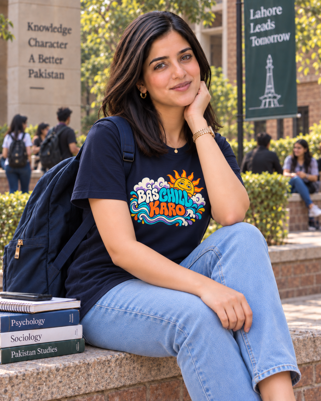 BAS CHILL KARO navy unisex T-shirt by ComfyBliss, model seated, centred horizontal front print