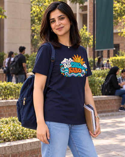 BAS CHILL KARO navy unisex T-shirt by ComfyBliss, model three quarter, centred horizontal front print