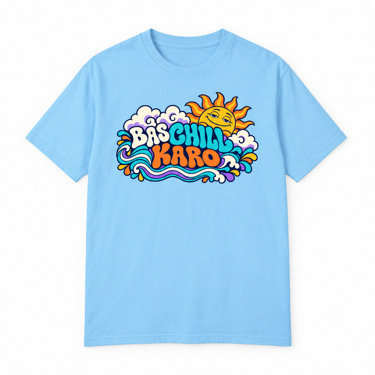 BAS CHILL KARO sky blue unisex T-shirt by ComfyBliss, flat front, centred horizontal front print