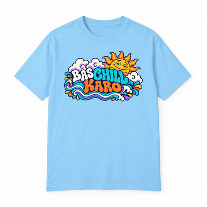 BAS CHILL KARO sky blue unisex T-shirt by ComfyBliss, flat front, centred horizontal front print
