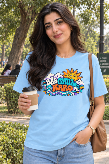 BAS CHILL KARO sky blue unisex T-shirt by ComfyBliss, model front, centred horizontal front print