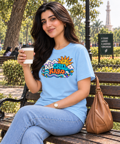 BAS CHILL KARO sky blue unisex T-shirt by ComfyBliss, model seated, centred horizontal front print