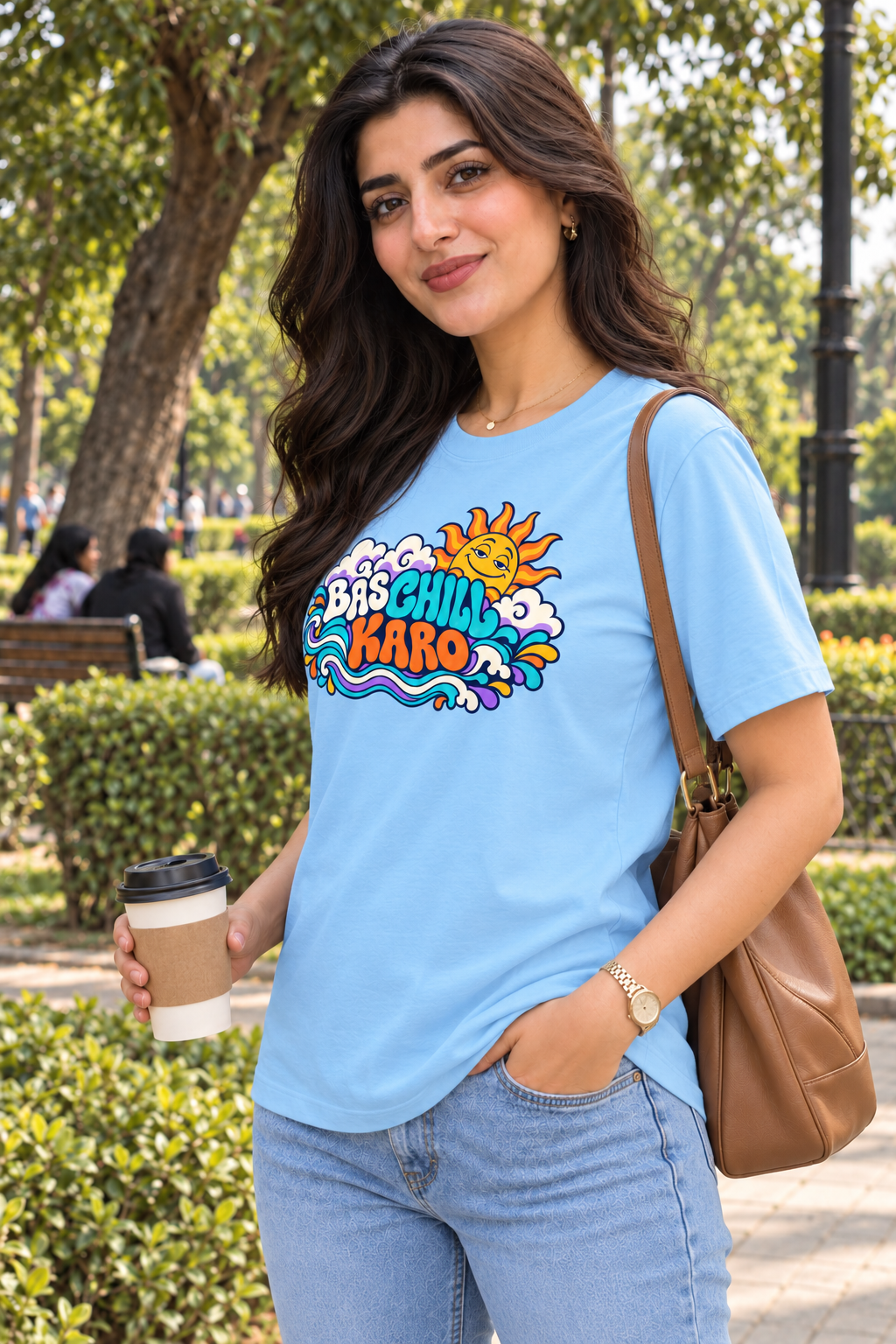 BAS CHILL KARO sky blue unisex T-shirt by ComfyBliss, model three quarter, centred horizontal front print