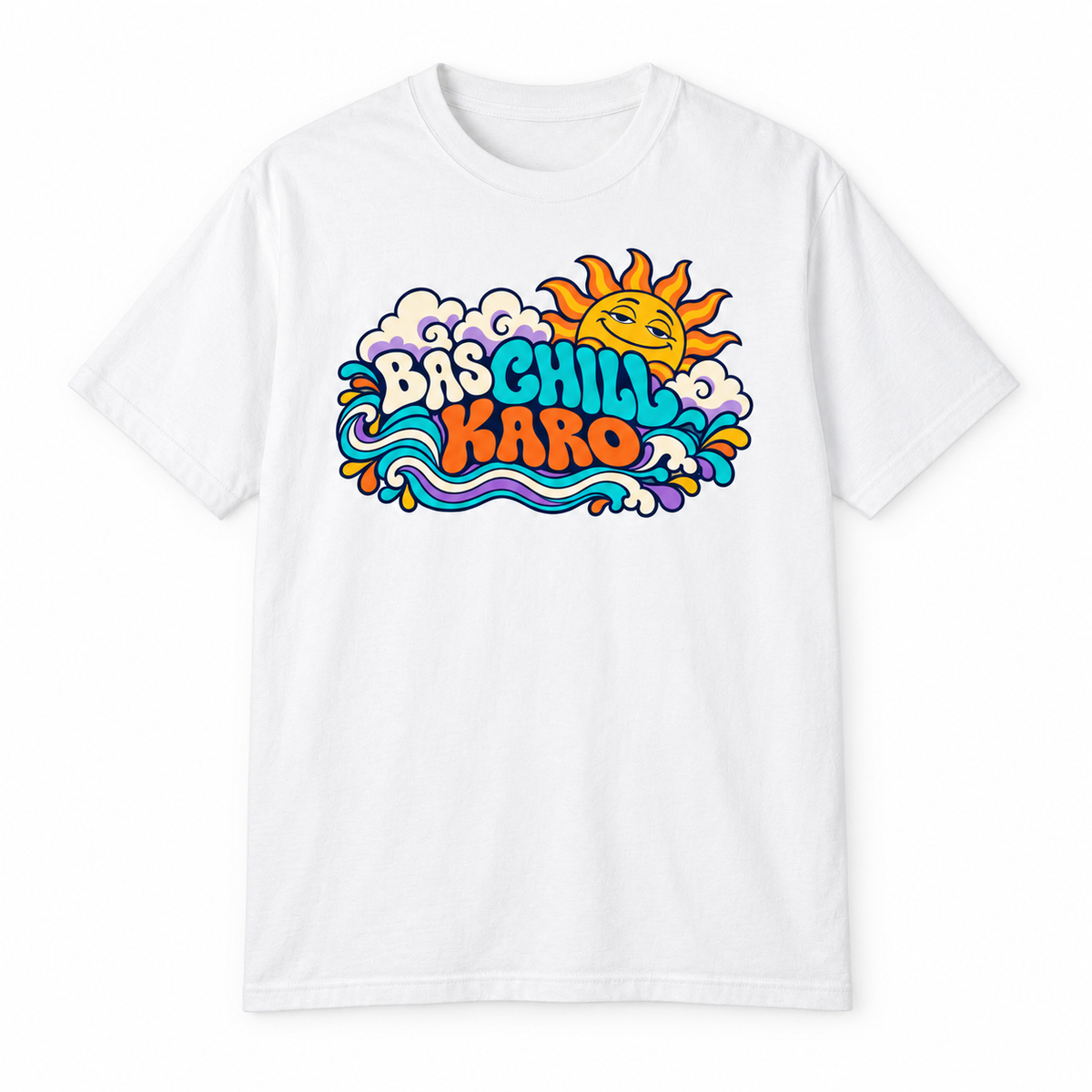 BAS CHILL KARO white unisex T-shirt by ComfyBliss, flat front, centred horizontal front print