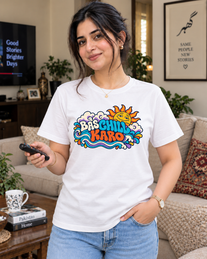 BAS CHILL KARO white unisex T-shirt by ComfyBliss, model front, centred horizontal front print