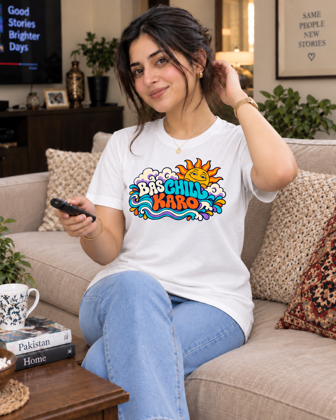 BAS CHILL KARO white unisex T-shirt by ComfyBliss, model seated, centred horizontal front print