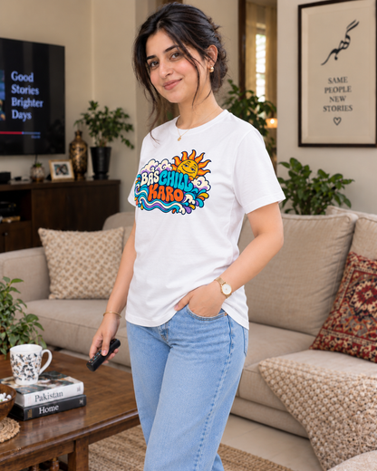 BAS CHILL KARO white unisex T-shirt by ComfyBliss, model three quarter, centred horizontal front print