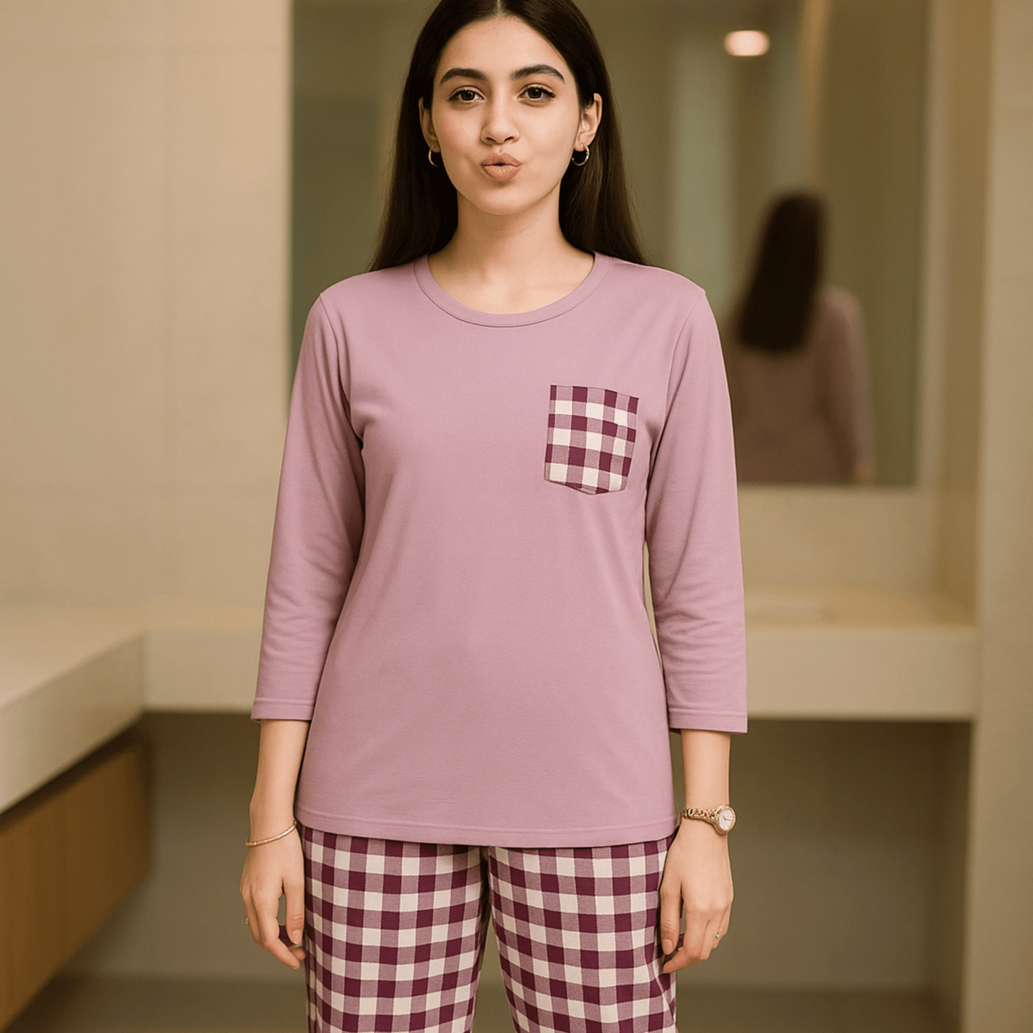 Cozy Check Pajama Set (Delicate Pink) - Pajama Sets - ComfyBliss